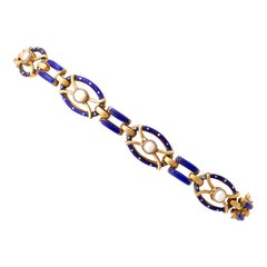 Used Seed Pearl and Enamel Yellow Gold Gate Bracelet