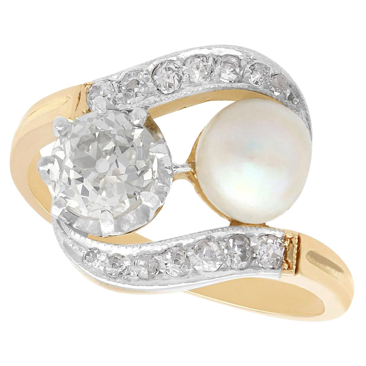 Antique 1.07 Carat Diamond and Natural Saltwater Pearl Yellow Gold Twist Ring