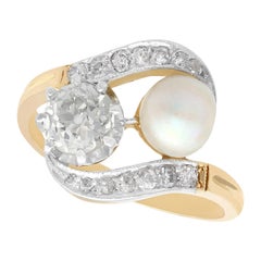 Antique 1.07 Carat Diamond and Natural Saltwater Pearl Yellow Gold Twist Ring
