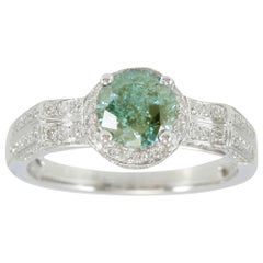 Suzy Levian 14K White Gold Round Blue White Diamond Bridal Engagement Halo Ring