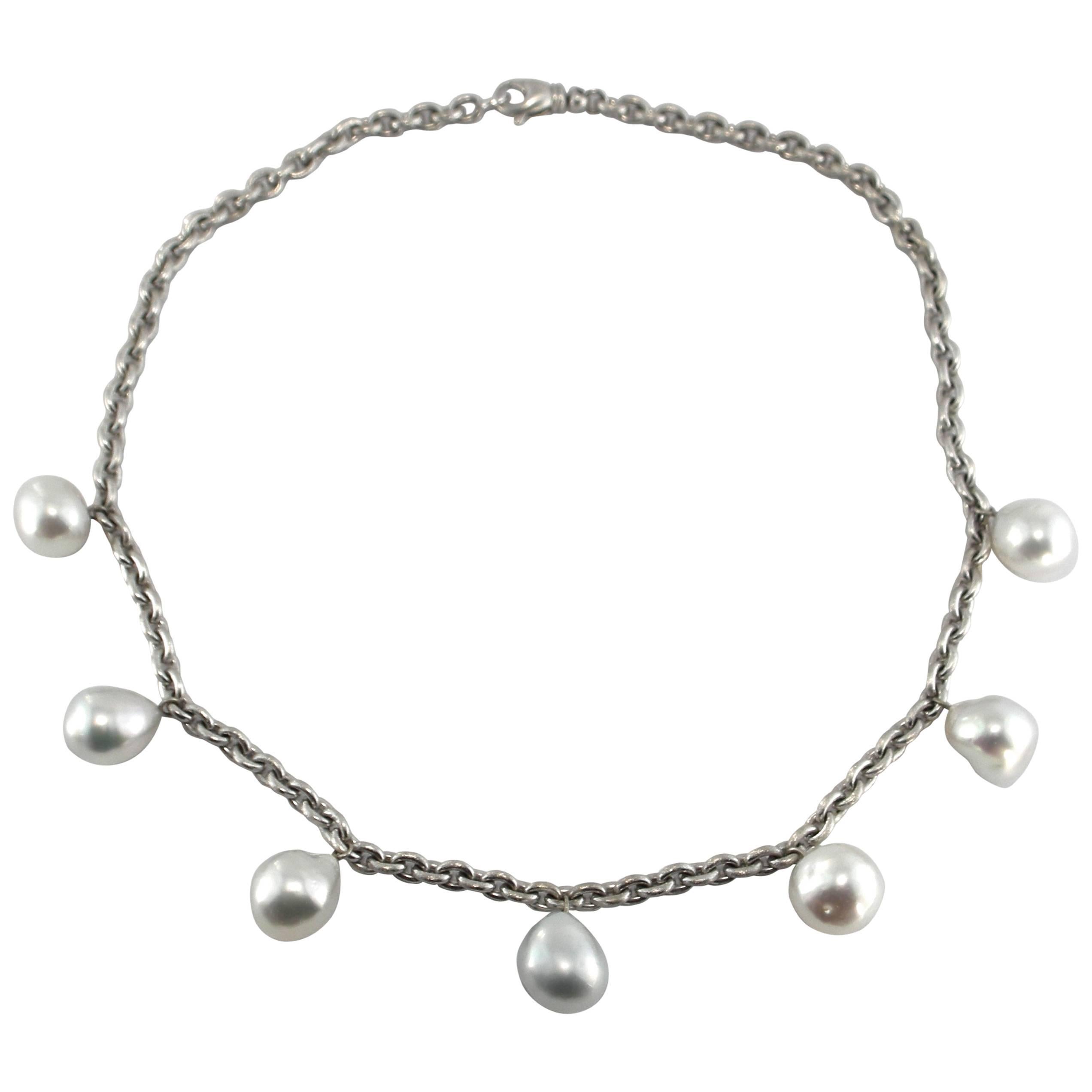 Jona South Sea Baroque Light Grey Pearl 18 Karat White Satin Gold Chain Necklace