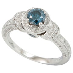Suzy Levian Verlobungsring, 14 Karat Weißgold, runder blauer und weißer Diamant Halo