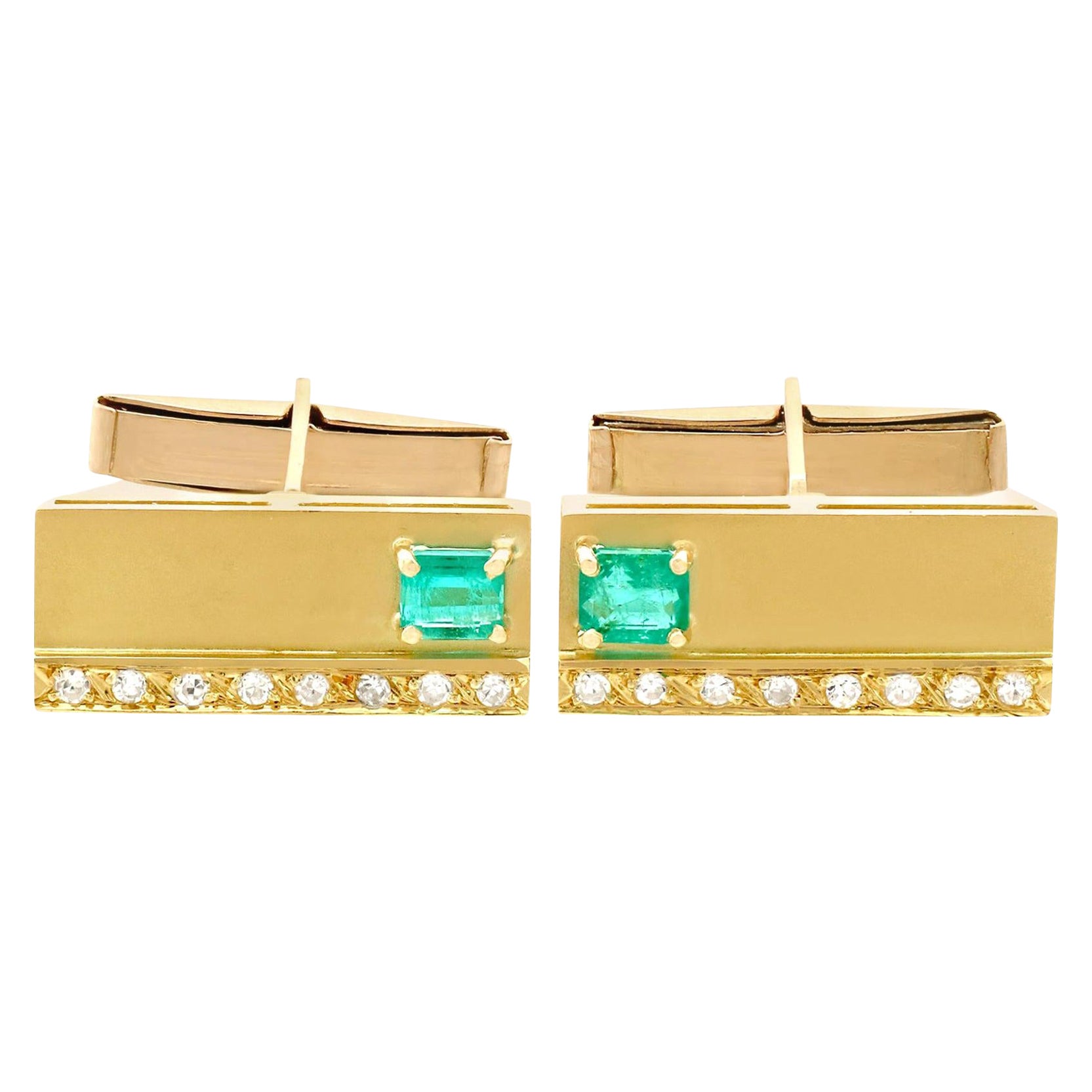 1990s Emerald Diamond and Yellow Gold Cufflinks For Sale