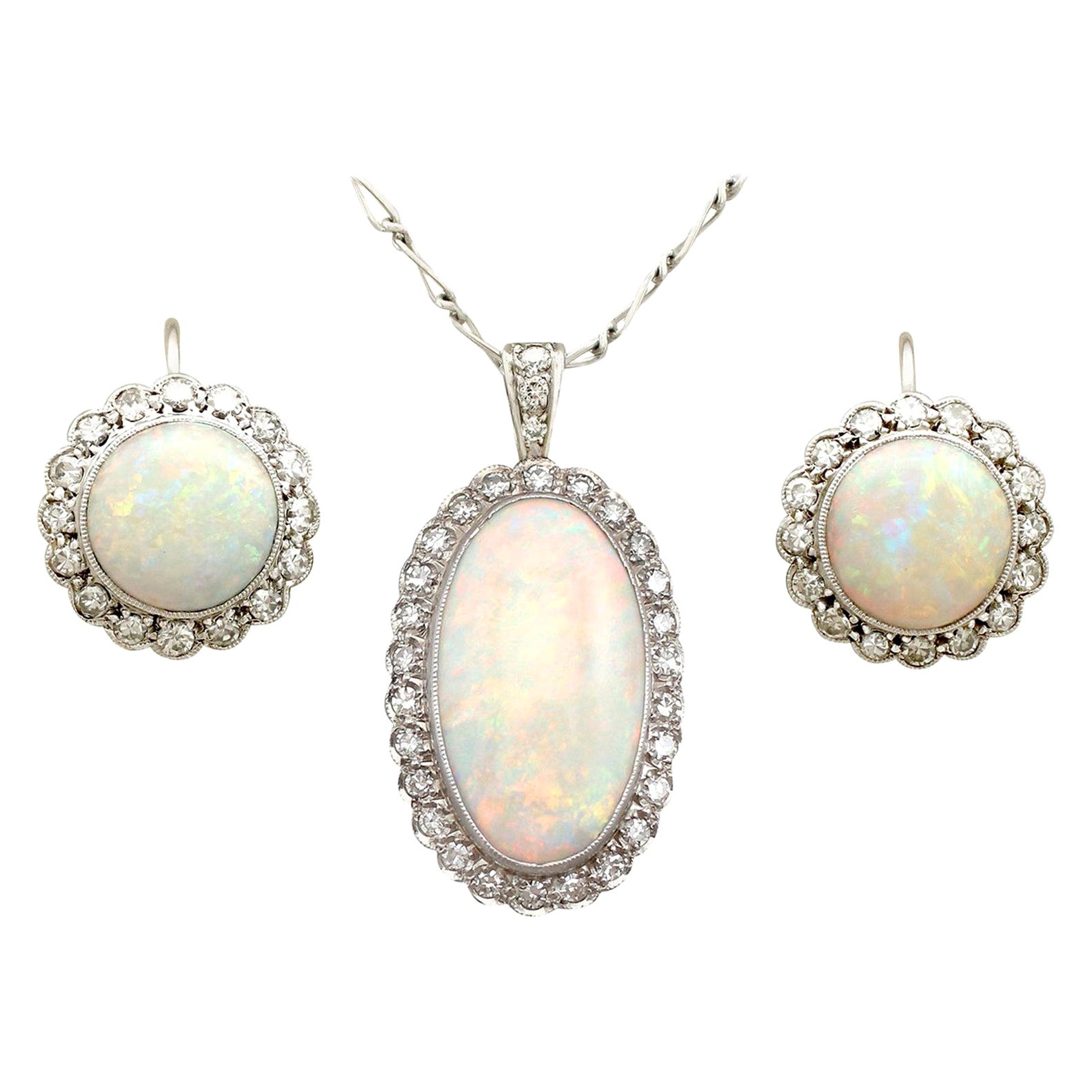 1920s 8.18 Carat Opal and Diamond Earring and Pendant Set For Sale