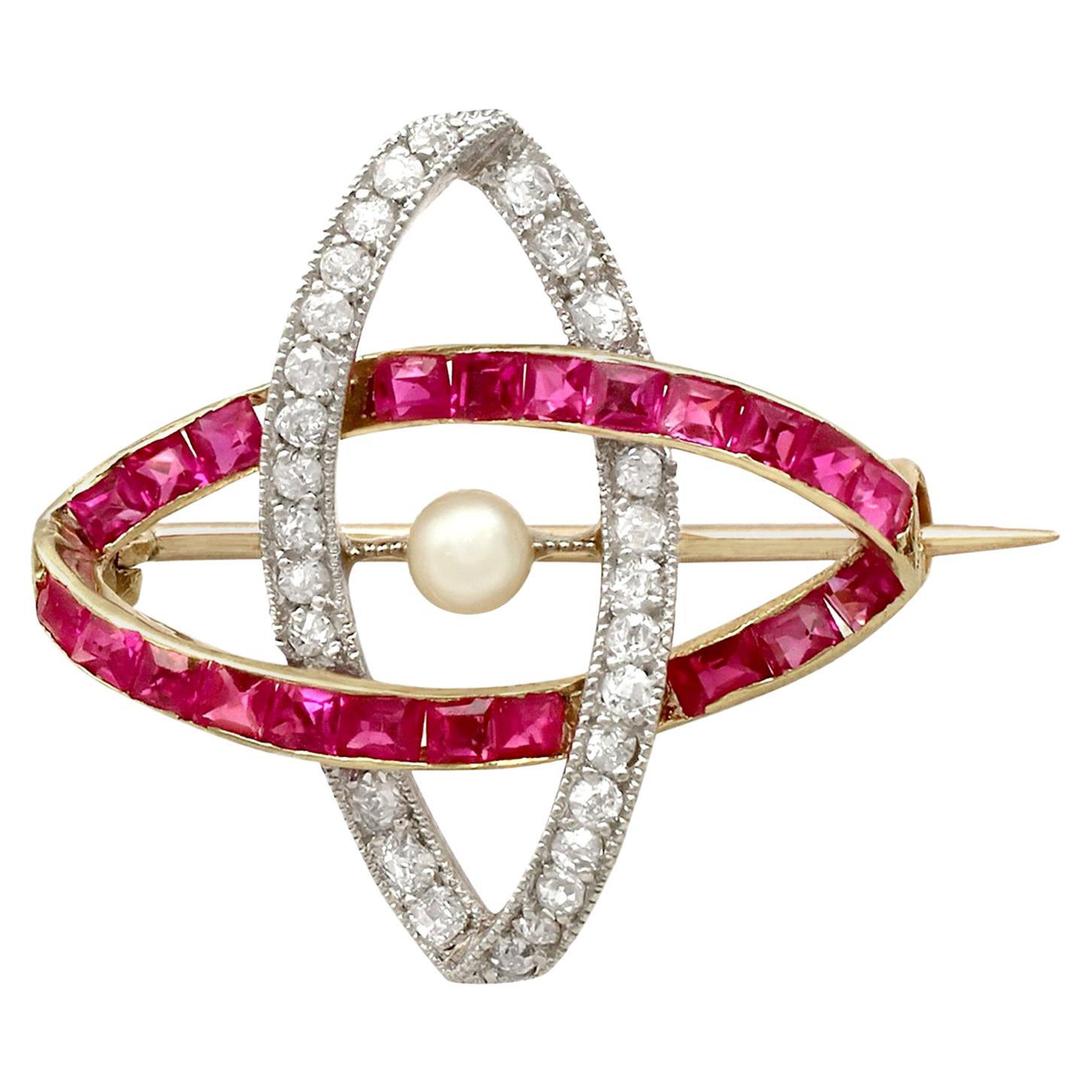 1910s Antique Pearl Ruby and Diamond Yellow Gold Brooch