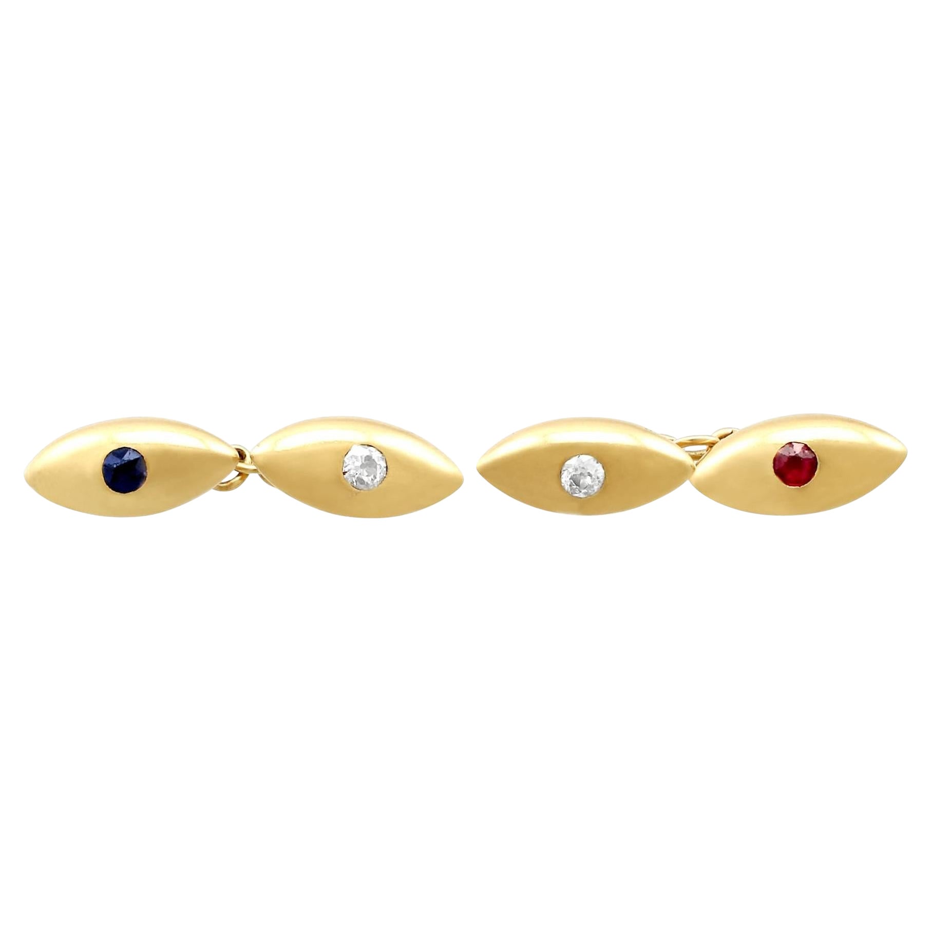 Antique French Sapphire, Ruby and Diamond Yellow Gold Cufflinks For Sale