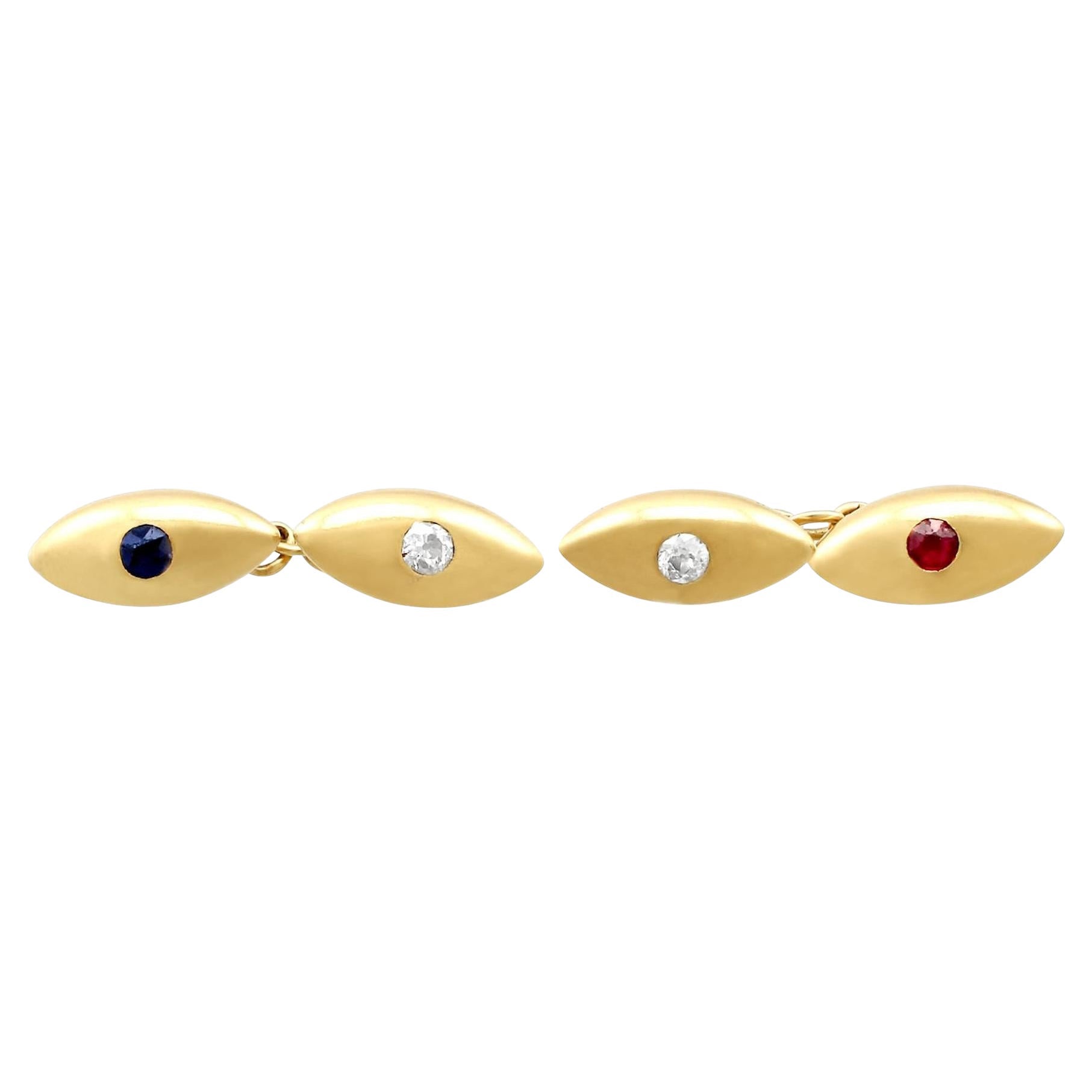 Antique French Sapphire, Ruby and Diamond Yellow Gold Cufflinks