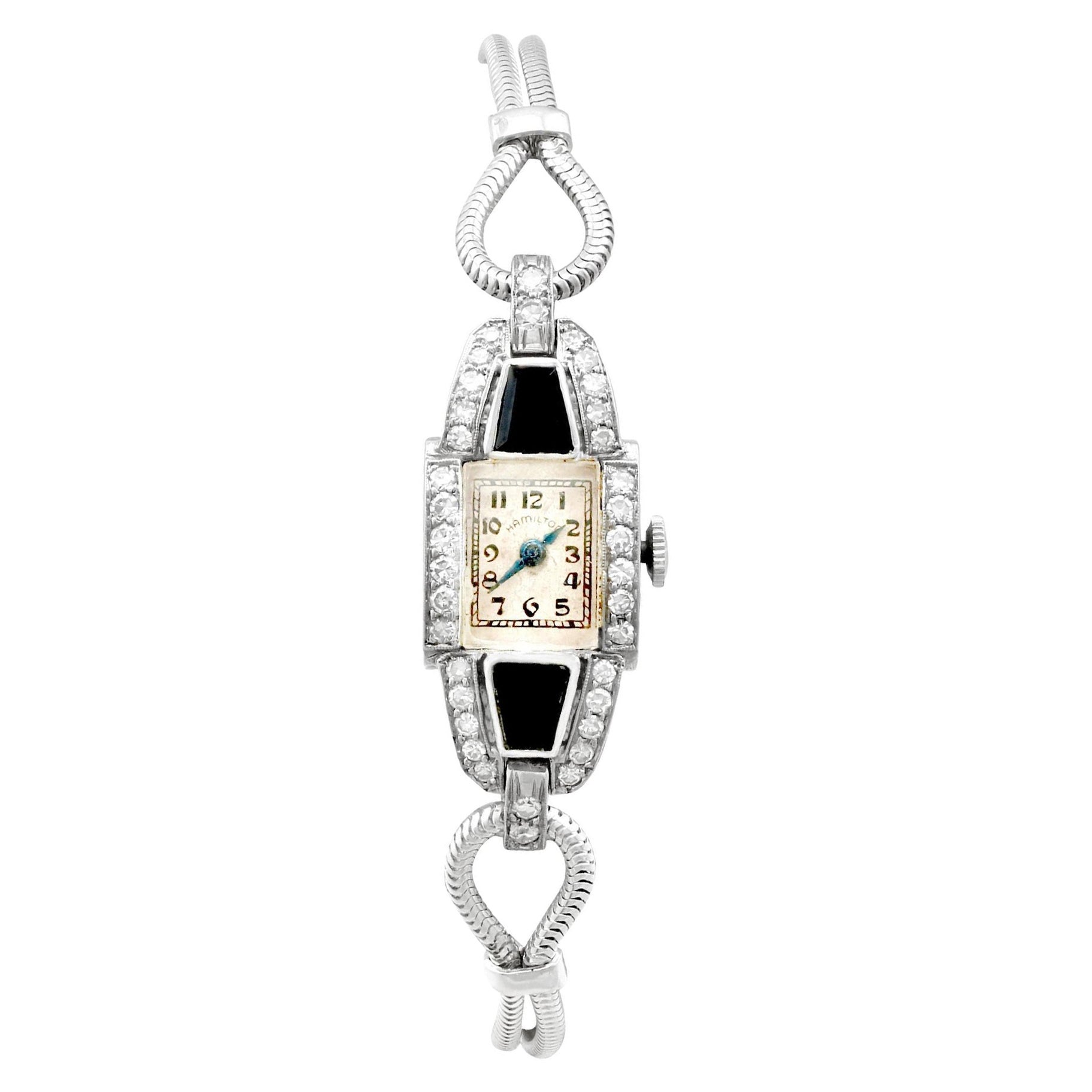 Art Deco Diamond Onyx Platinum Cocktail Watch by Hamilton, Circa 1940 For Sale