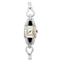 Used Art Deco Diamond Onyx Platinum Cocktail Watch by Hamilton, Circa 1940