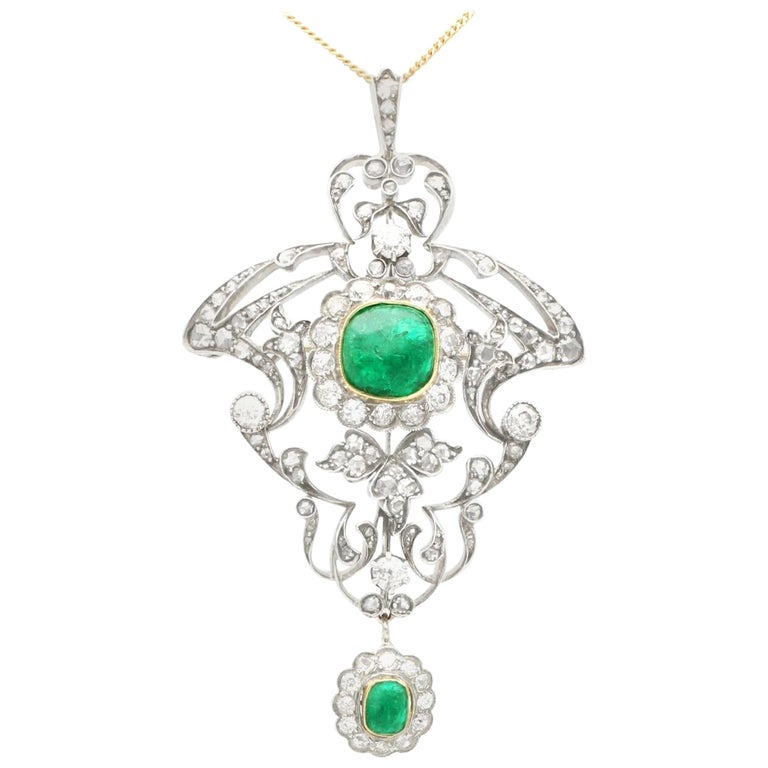 1900s 3.53ct Cabochon Cut Emerald and 5.89ct Diamond Gold Pendant / Brooch For Sale