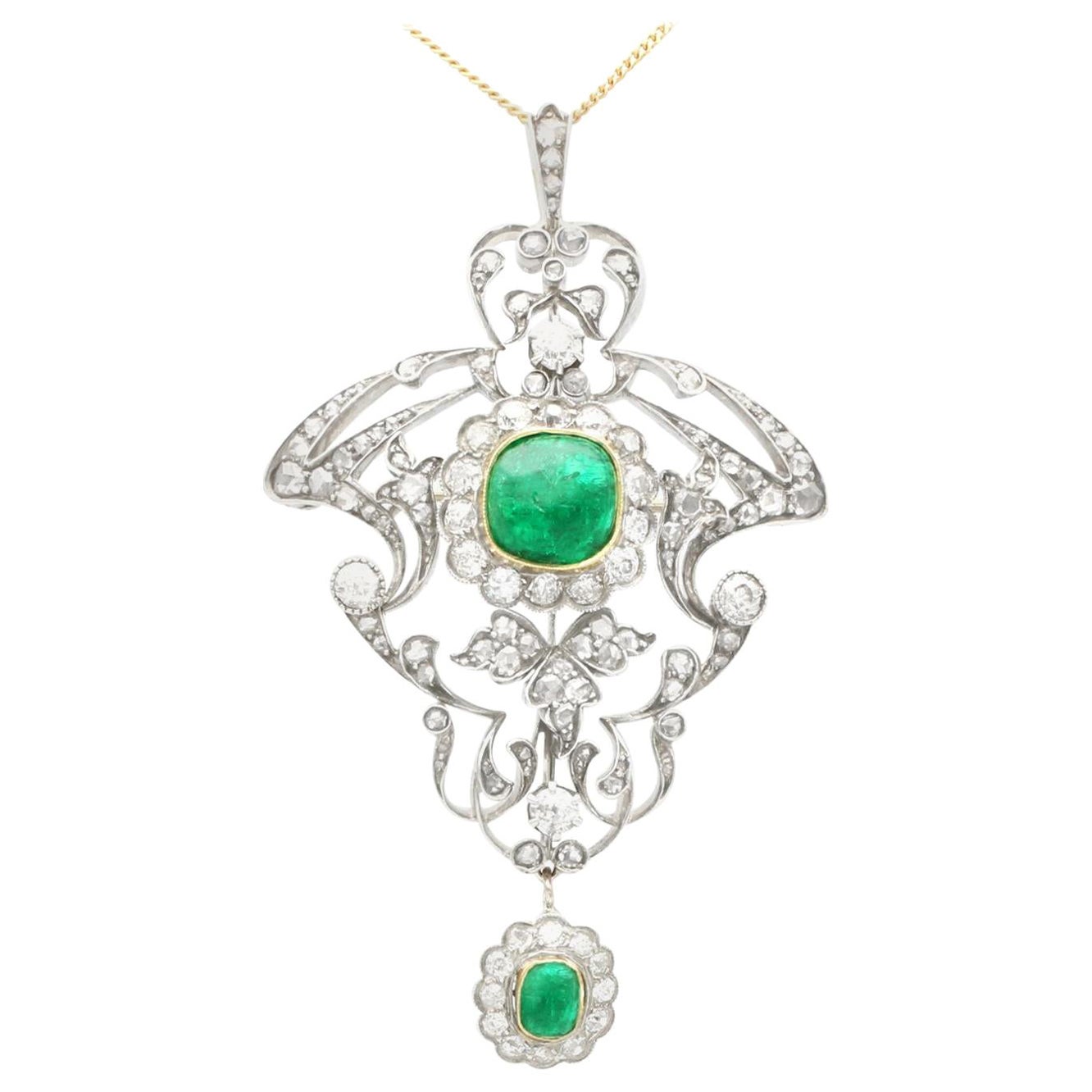 1900s 3.53ct Cabochon Cut Emerald and 5.89ct Diamond Gold Pendant / Brooch For Sale