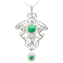Antique 1900s 3.53ct Cabochon Cut Emerald and 5.89ct Diamond Gold Pendant / Brooch