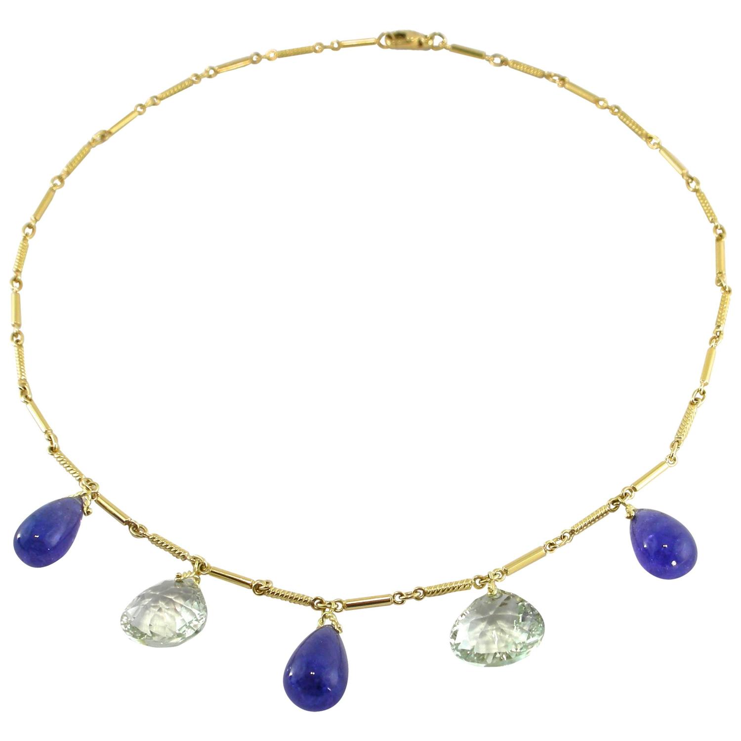 Jona Green Amethyst Tanzanite Gold Drop Necklace For Sale at 1stdibs