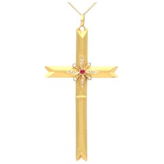 Antique Victorian Seed Pearl and Imitation Gemstone Yellow Gold Cross Pendant