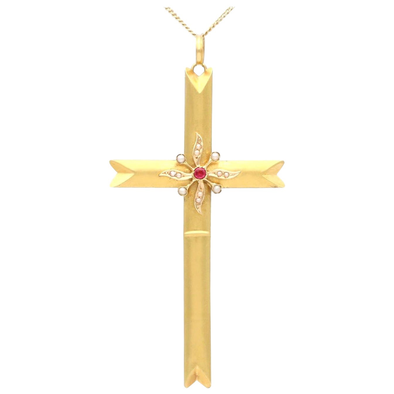 Victorian Seed Pearl and Imitation Gemstone Yellow Gold Cross Pendant For Sale