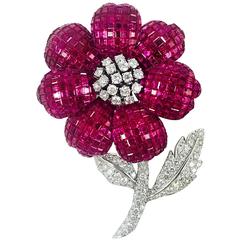 Stunning Blooming Burmese Ruby Diamond Gold Flower Brooch