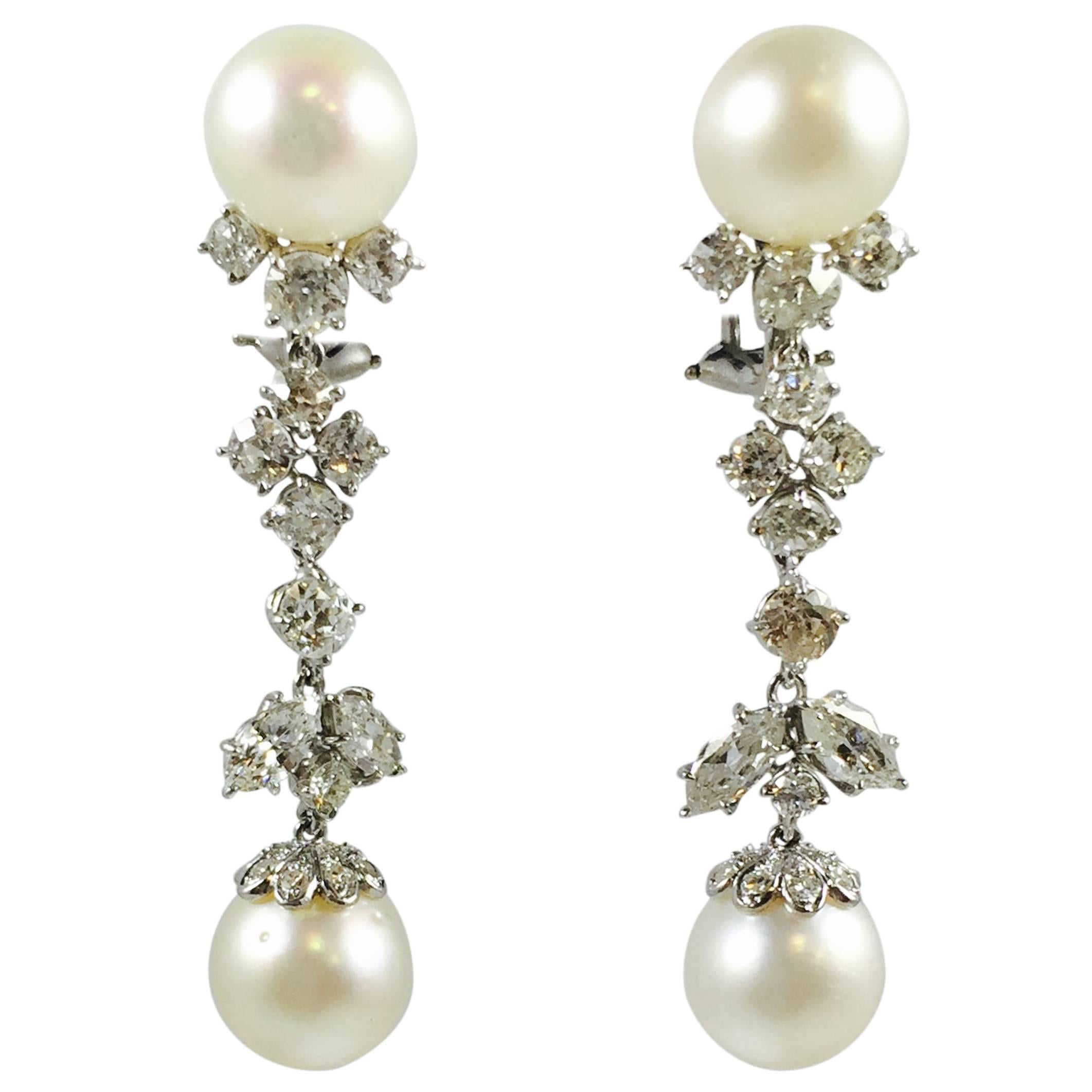 Pearl Diamond Platinum Dangle Earrings For Sale