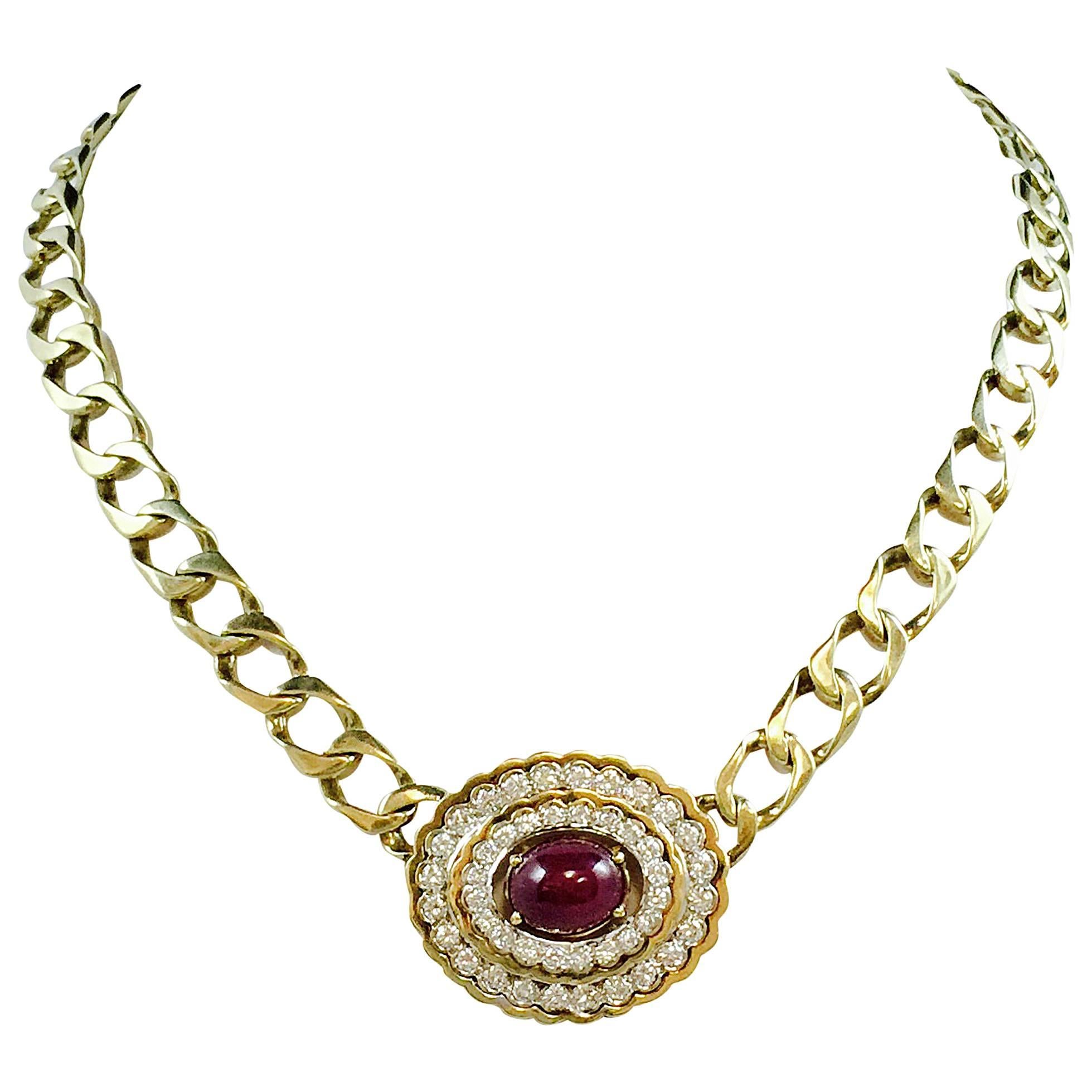 Ruby Diamond Gold Link Necklace For Sale