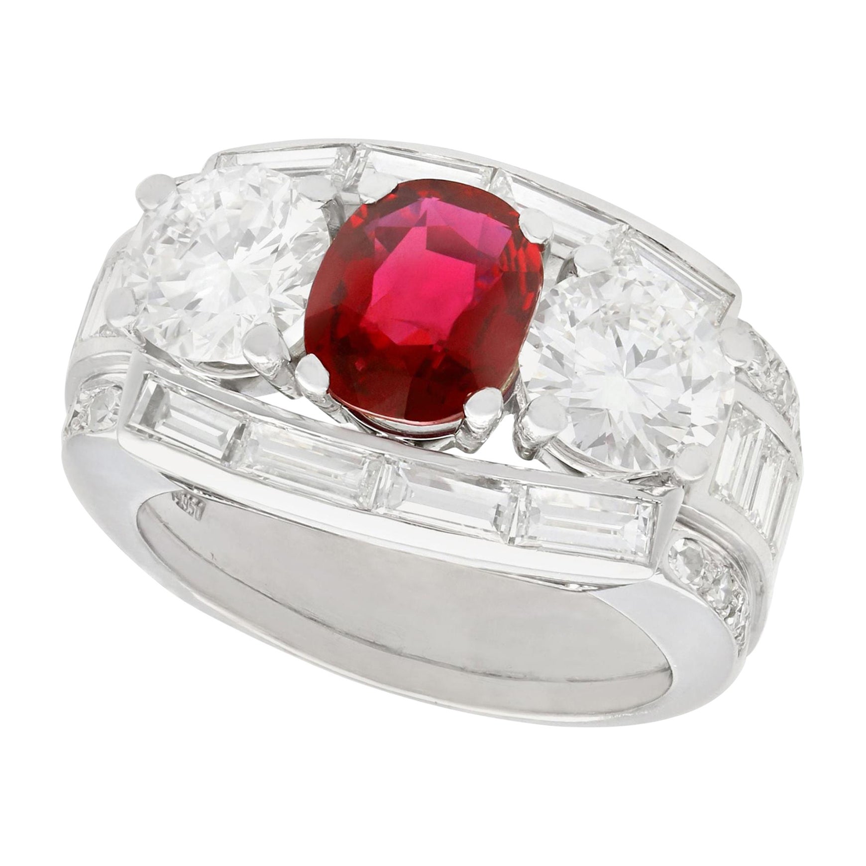 1.70 Carat Siam Ruby and 3.02 Carat Diamond Platinum Cocktail Ring, circa 1950 For Sale