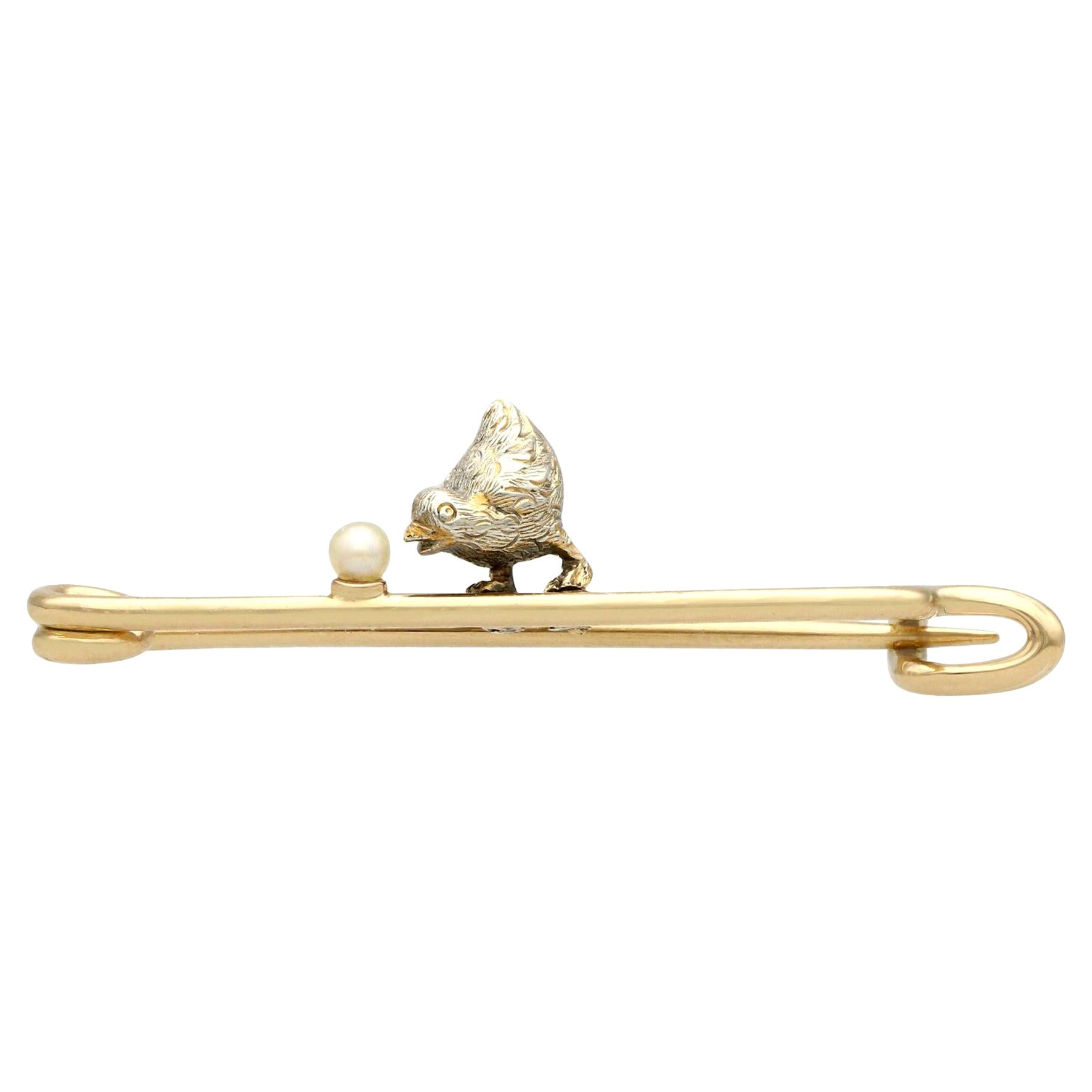 Seed Pearl Yellow Gold and Silver Chick Bar Brooch, Antique Victorian For Sale