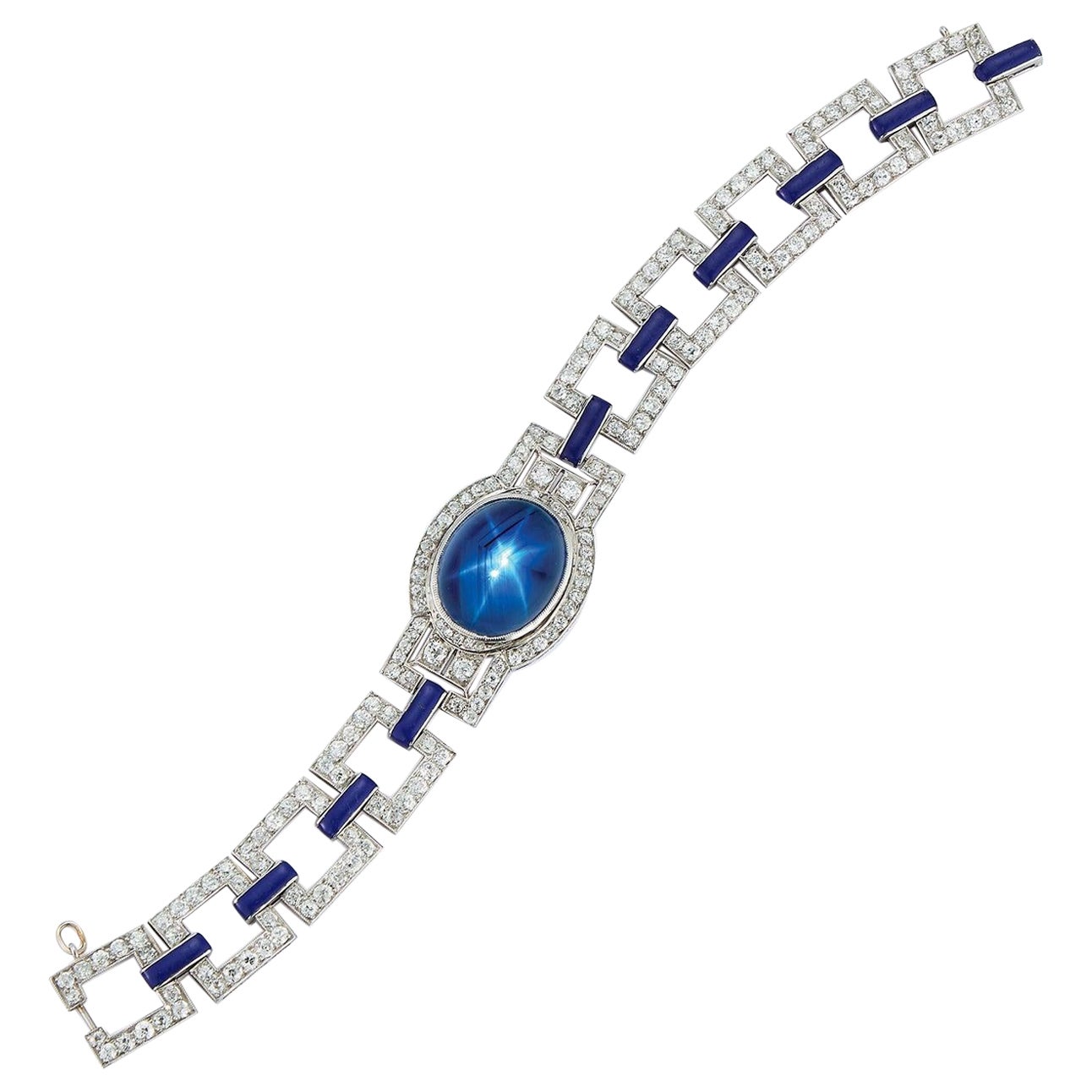 Art Deco French Cabochon Sapphire and Enamel Diamond Bracelet