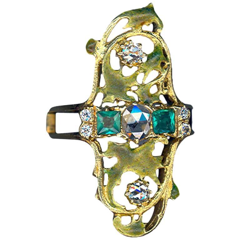 Art Nouveau Emerald and Diamond Gold Ring