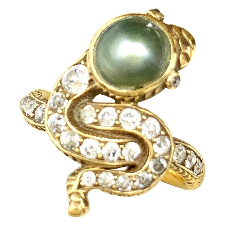 Bague serpent édouardienne ancienne en or jaune 18 carats avec perles naturelles et diamants