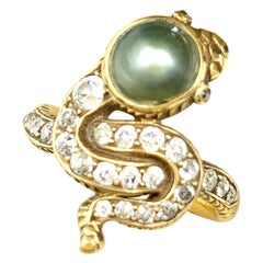 Bague serpent édouardienne ancienne en or jaune 18 carats avec perles naturelles et diamants