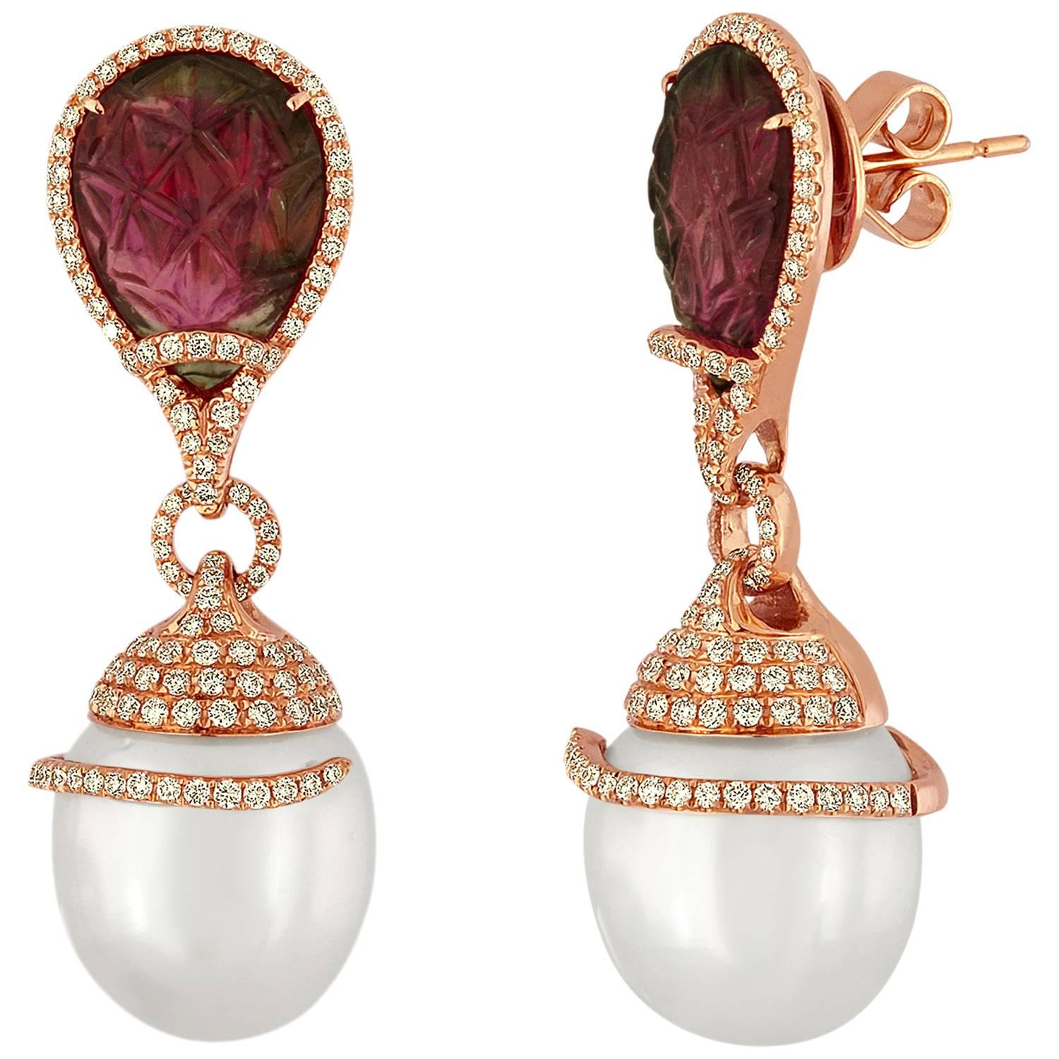 South Sea Pearl and Tourmaline 1.00 Carats Diamond Gold Earrings For Sale