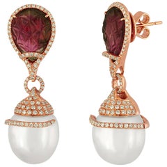 South Sea Pearl and Tourmaline 1.00 Carats Diamond Gold Earrings