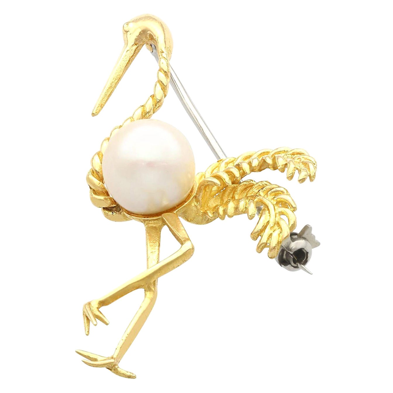 Vintage 1950s Cultured Pearl Yellow Gold Flamingo Brooch en vente