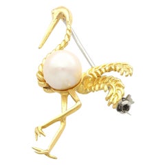 Vintage 1950s Cultured Pearl Yellow Gold Flamingo Brooch