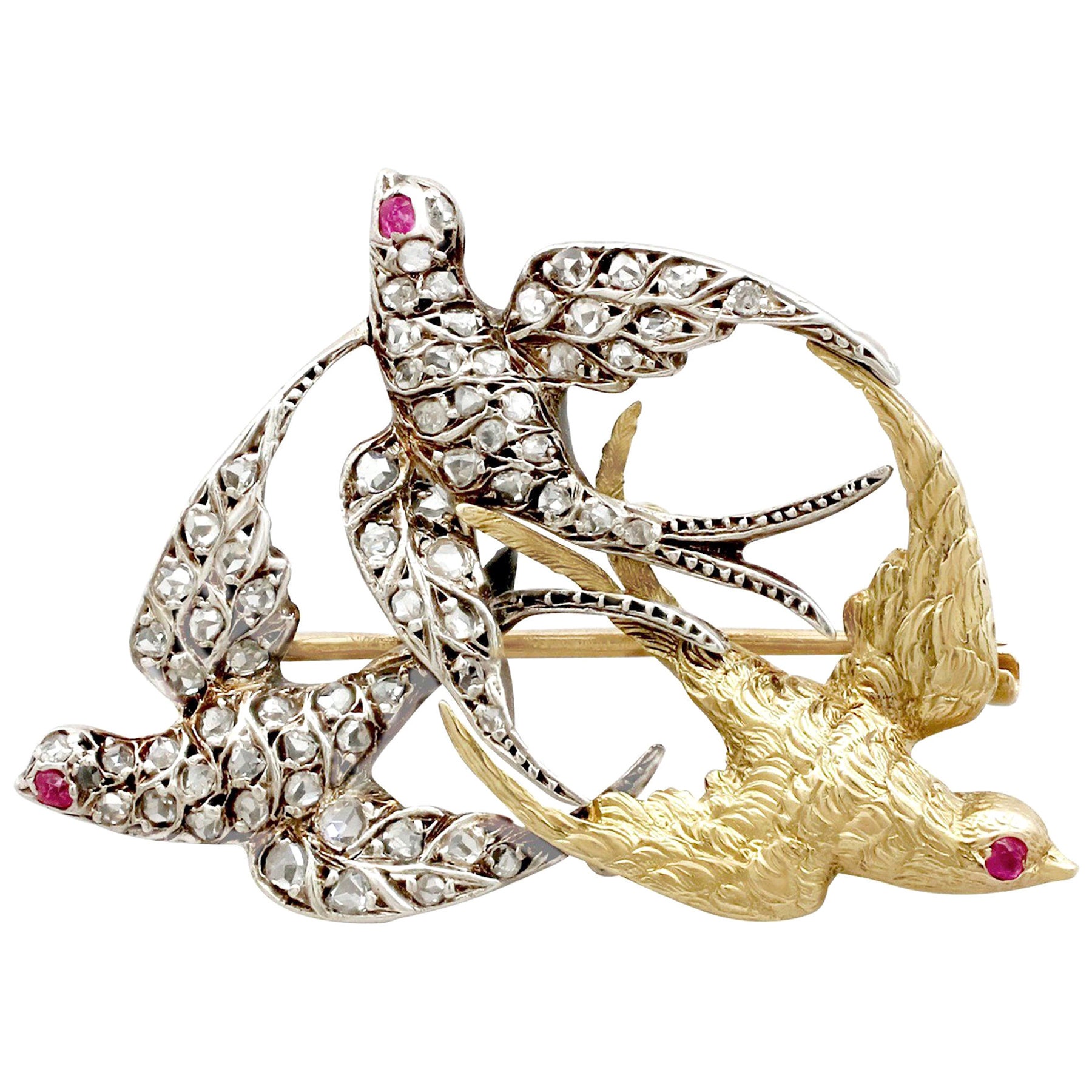 Victorian Silver Set Diamond and Yellow Gold Swallow Brooch For Sale