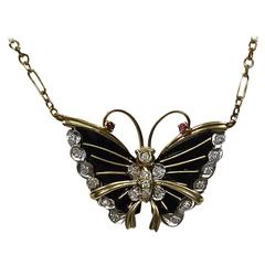 Onyx Ruby Diamond Gold Butterfly Necklace Pendant