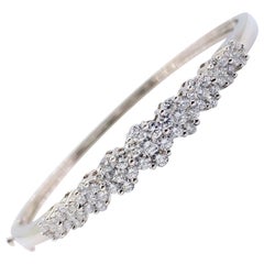 Round Diamond Flower Design Bangle Bracelet 2.00 Carat 14 Karat White Gold