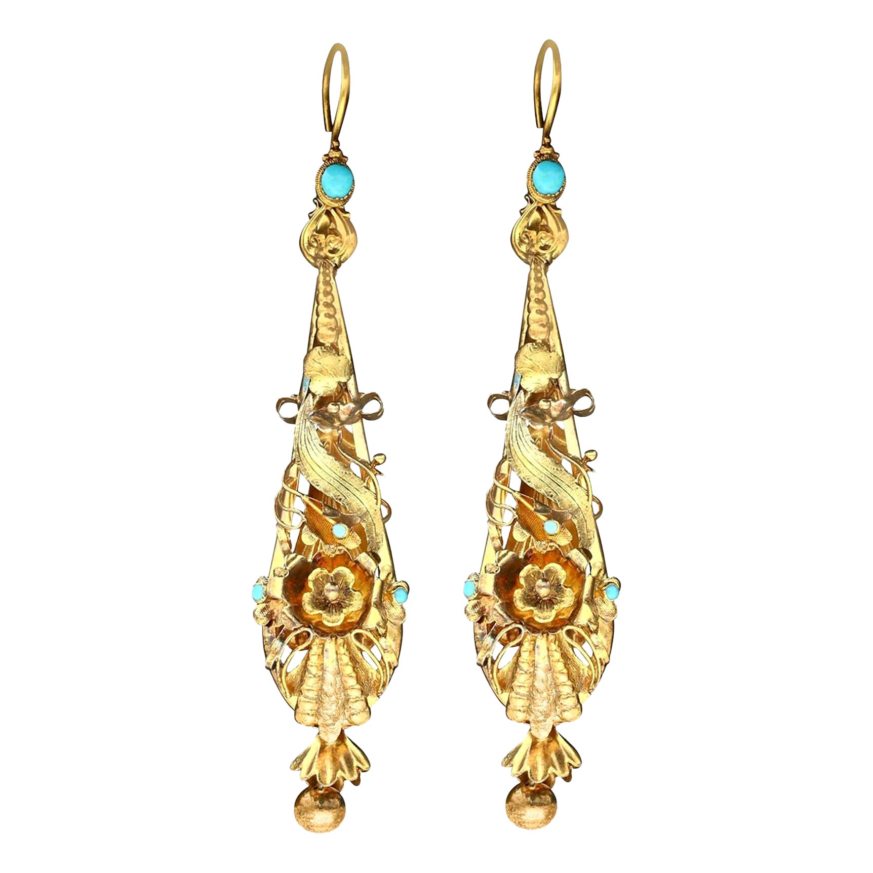Antique 0.45 Carat Turquoise and Yellow Gold Earrings For Sale