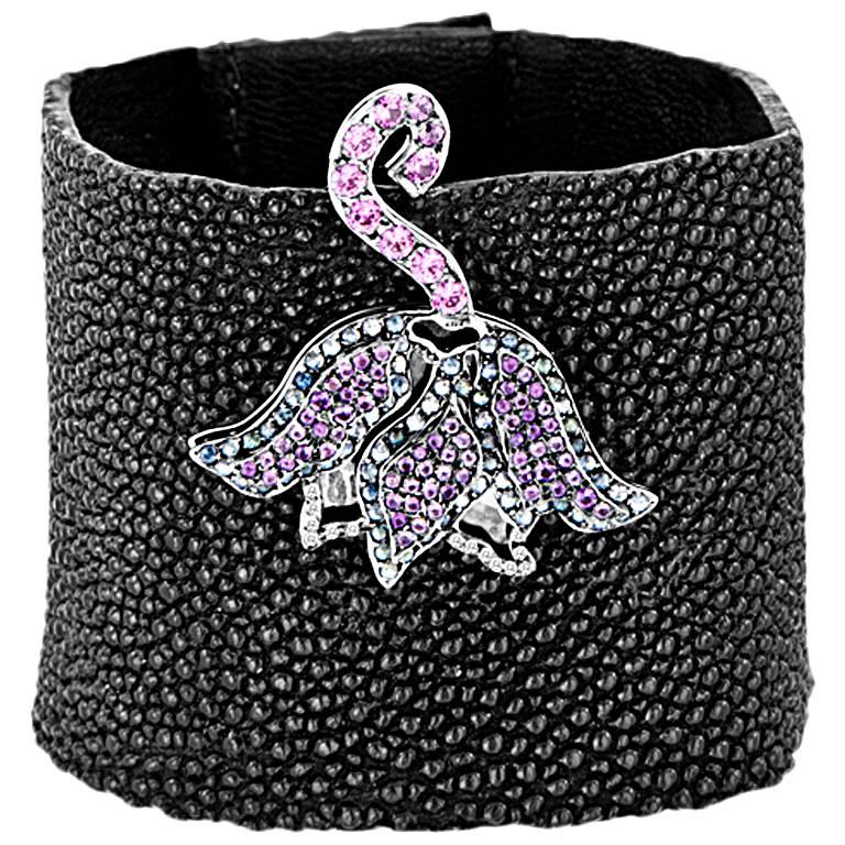 William Ehrlich Shagreen Cuff Bracelet with Pink and Blue Tulip  For Sale