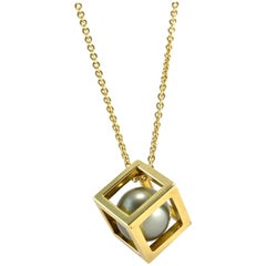 Jona Tahitian Pearl Gold Cube Cage Pendant Necklace