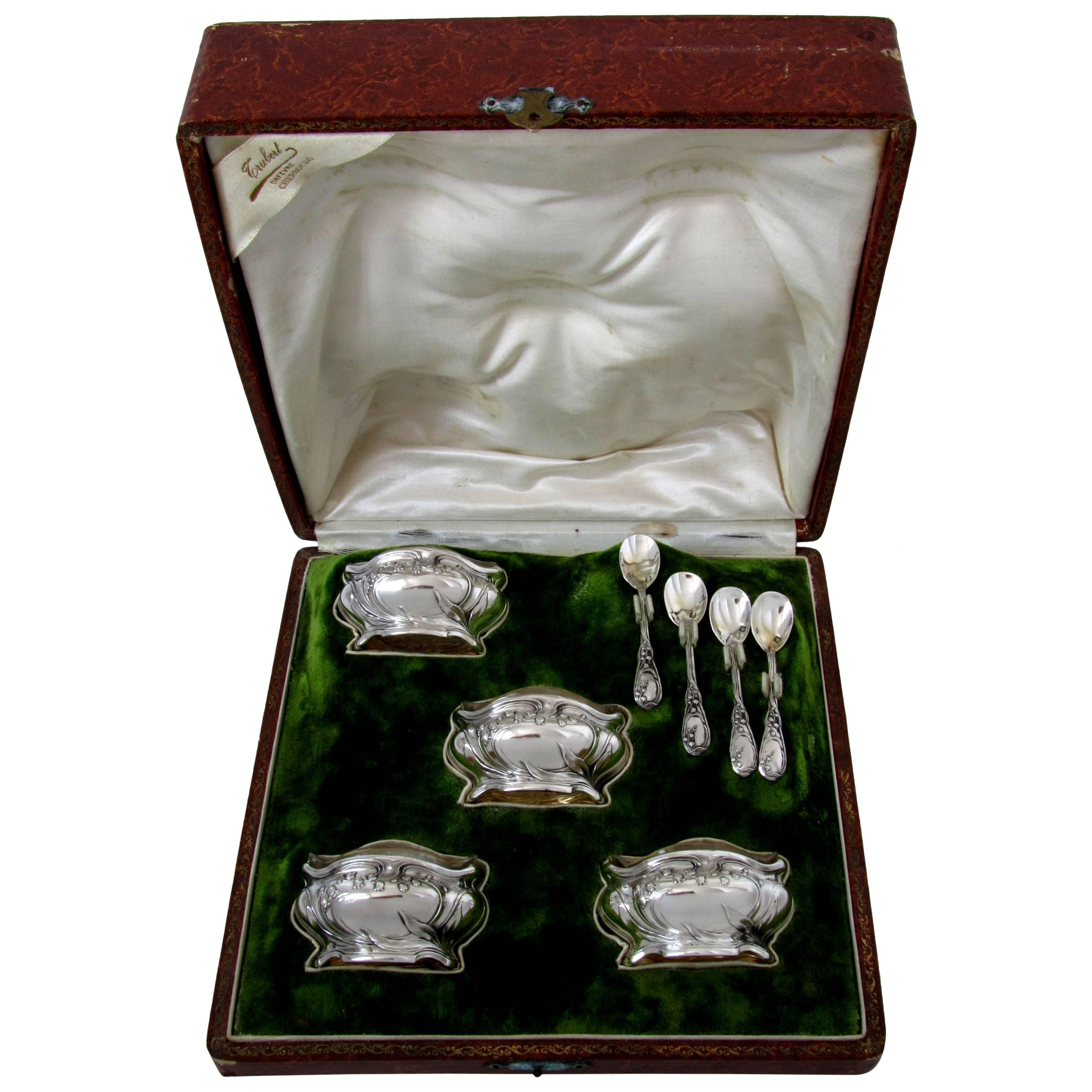 French Sterling Silver Vermeil Set 4 Salt Cellars Spoons Box Lily of the Valley For Sale