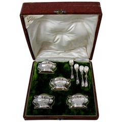 French Sterling Silver Vermeil Set 4 Salt Cellars Spoons Box Lily of the Valley