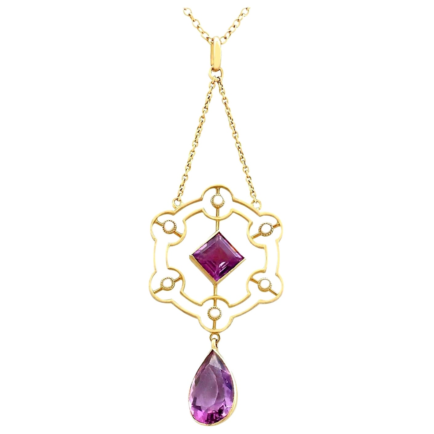 Victorian 2.40 Carat Amethyst and Pearl Yellow Gold Pendant For Sale