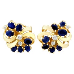 Vintage 1980s 2.25 Carat Sapphire and Diamond Yellow Gold Stud Earrings