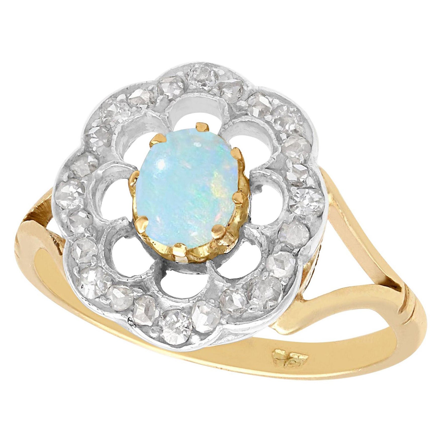 Antique Cabochon Cut Opal and Diamond Yellow Gold Dress Ring For Sale