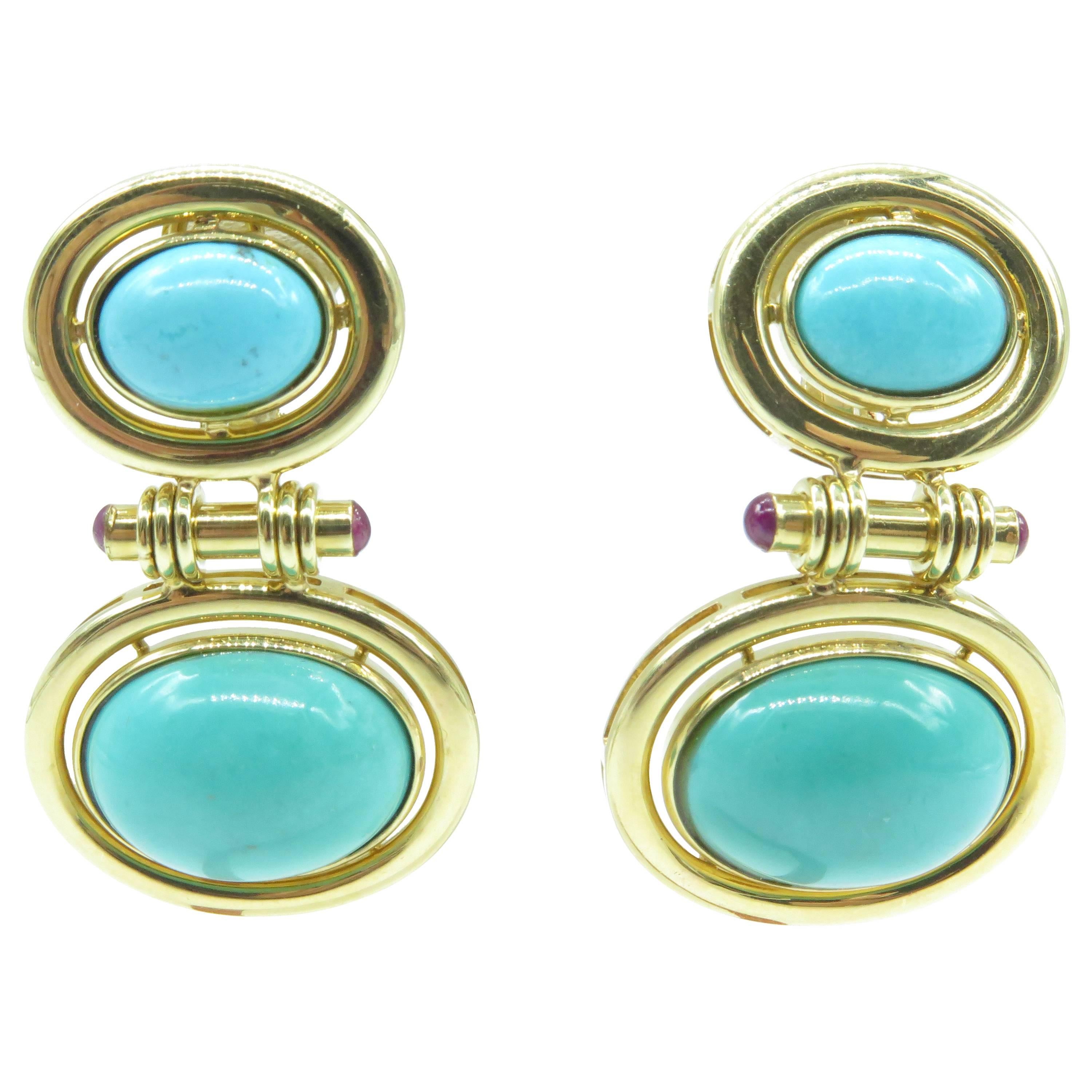Gorgeous Cabochon Turquoise Ruby Gold Dangle Earrings For Sale