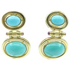 Gorgeous Cabochon Turquoise Ruby Gold Dangle Earrings