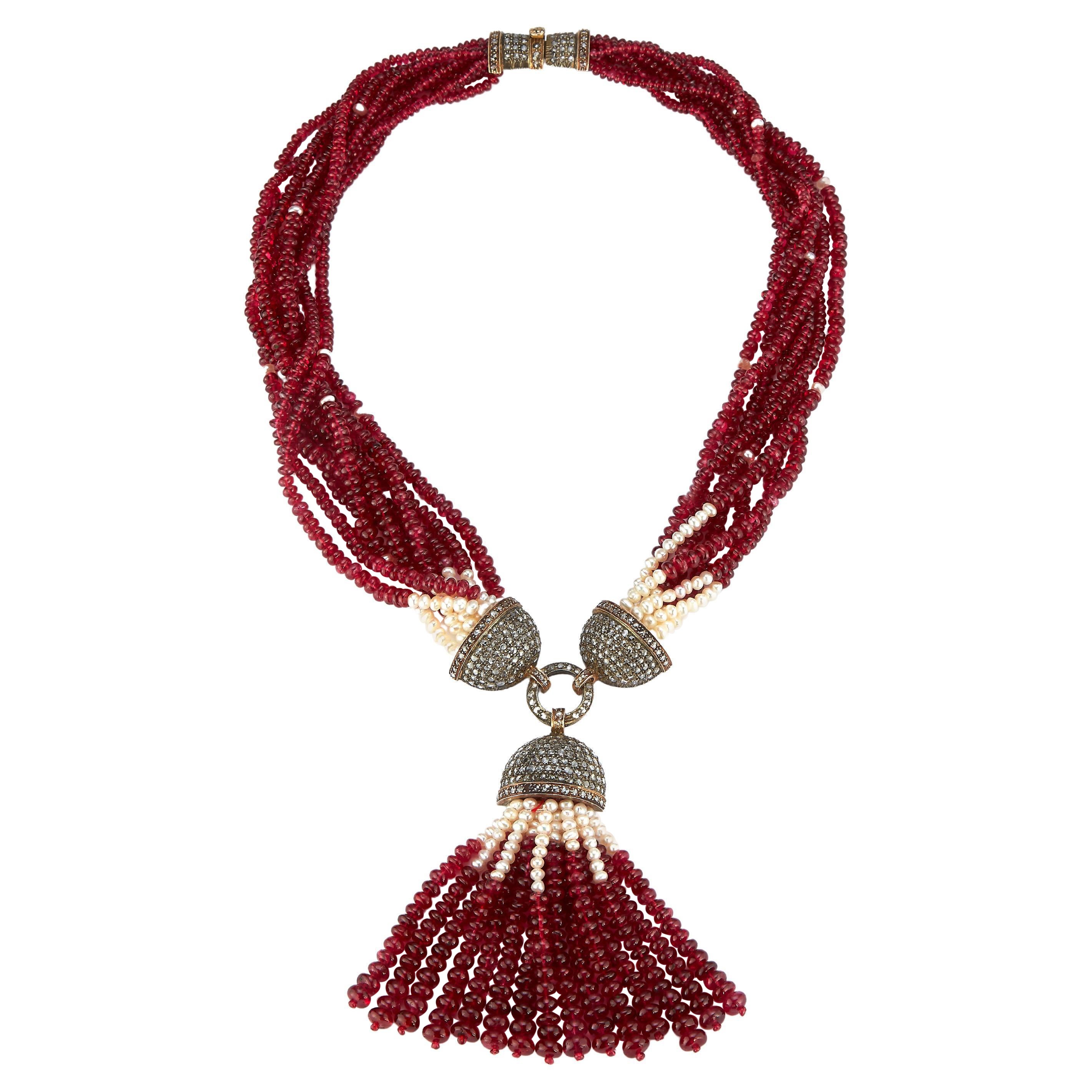 Spinel, Pearl and Diamond Multi Strand Tassel Necklace