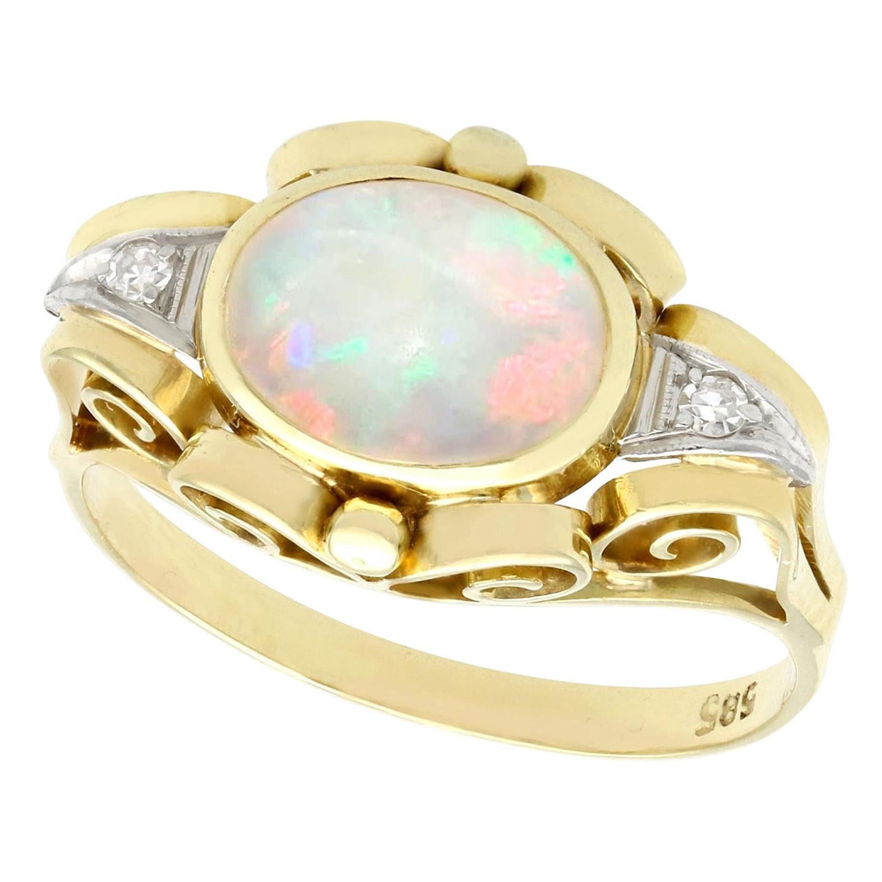 1940s Cabochon Cut Opal and Diamond Yellow Gold Cocktail Ring For Sale