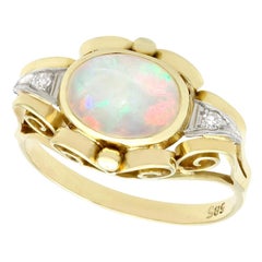 Antique 1940s Cabochon Cut Opal and Diamond Yellow Gold Cocktail Ring