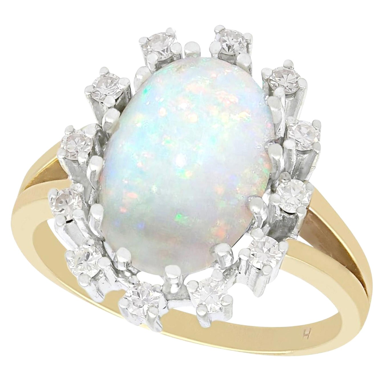 1960s 3.01 Carat Cabochon Cut Opal and Diamond Yellow Gold Cocktail Ring For Sale