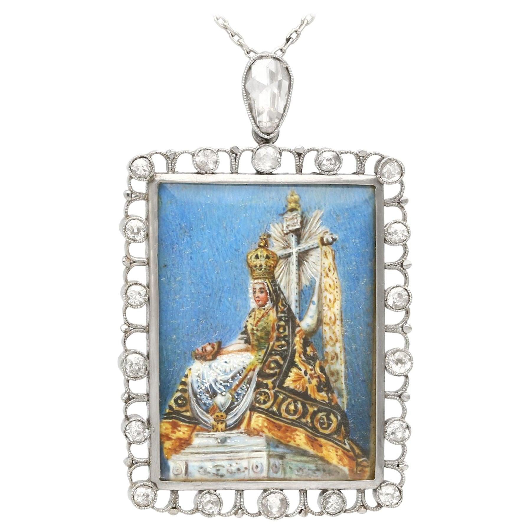 Antiquités - Pendentif portrait miniature en émail et diamant de 1,28 carat en platine